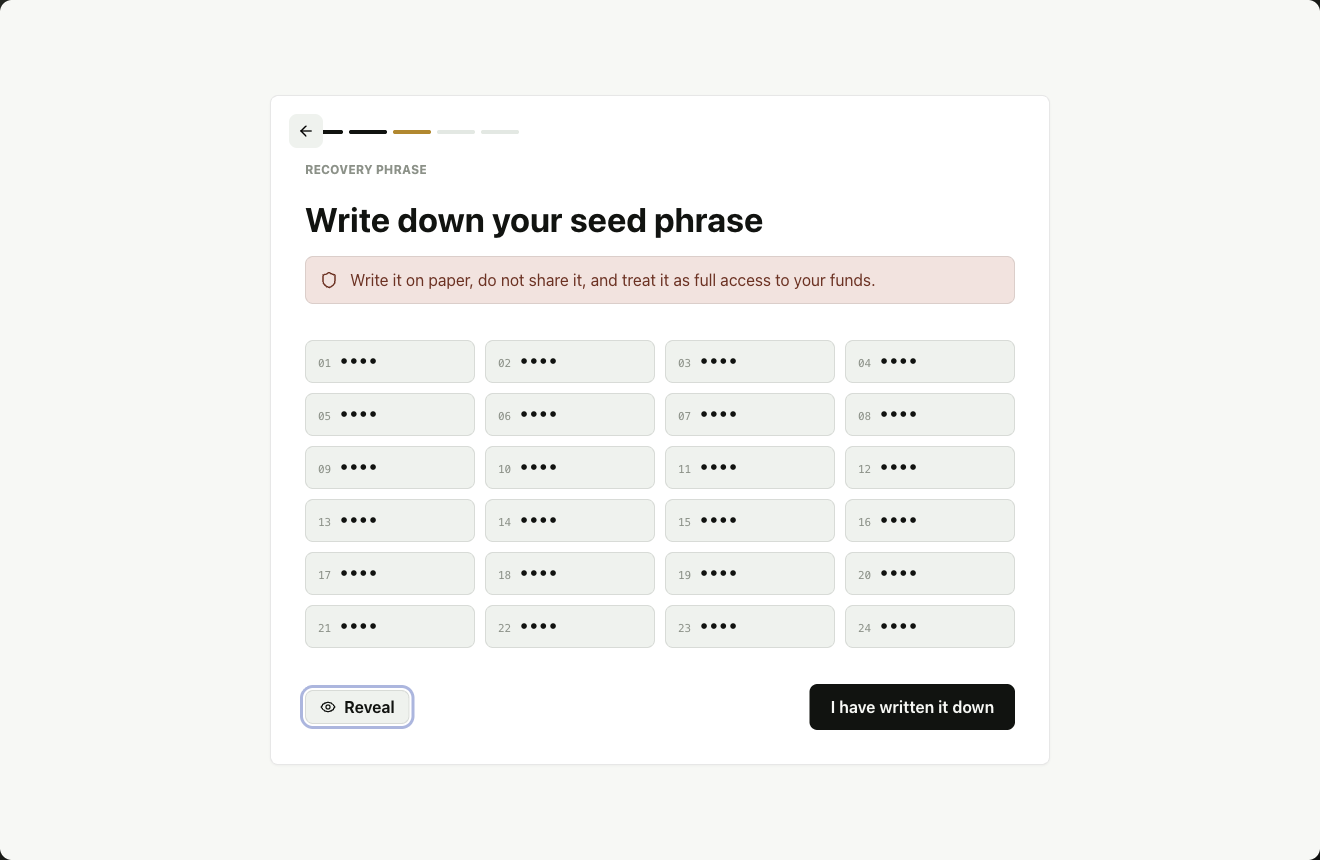 Luracoin Wallet recovery phrase screen with all 24 words concealed until the user chooses to reveal them.