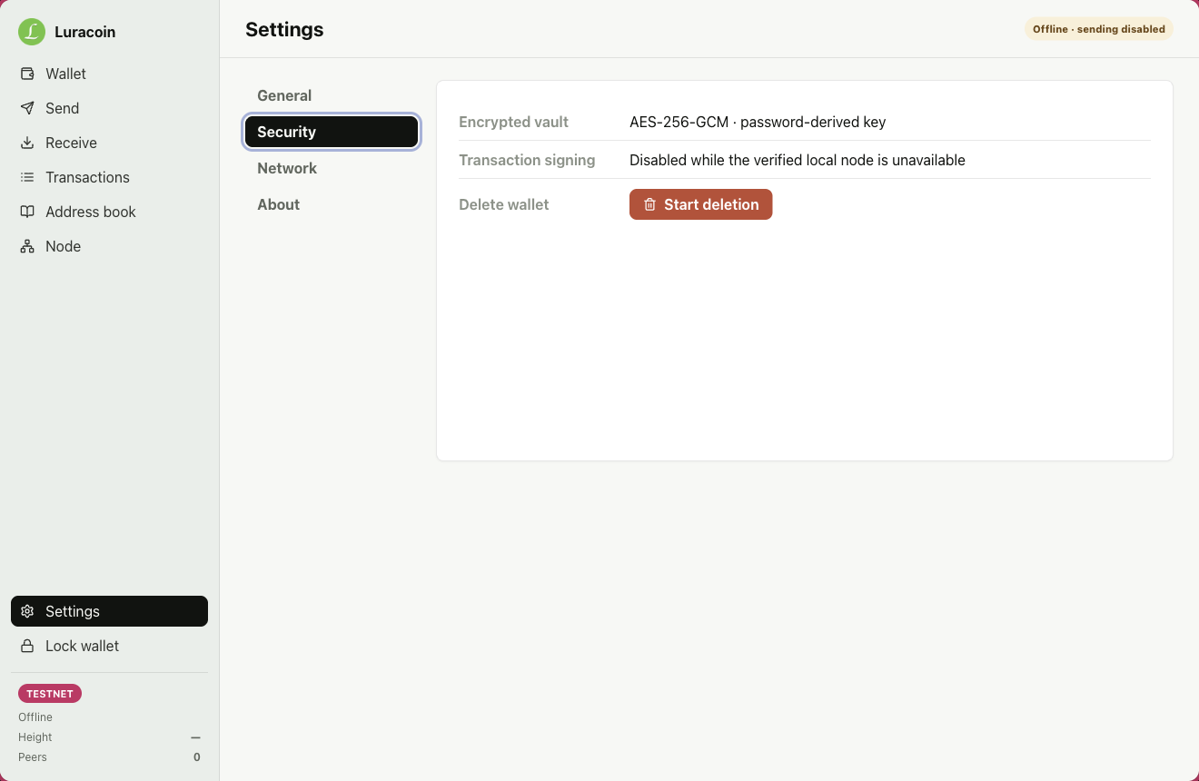 Security settings in Luracoin Wallet showing local wallet protection options.